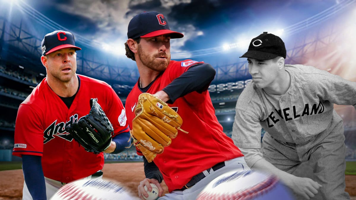 Guardians' Shane Bieber pitching a baseball in front. In background, need Corey Kluber (in a Cleveland uniform) and Bob Feller (in a Cleveland uniform) both looking at Bieber.