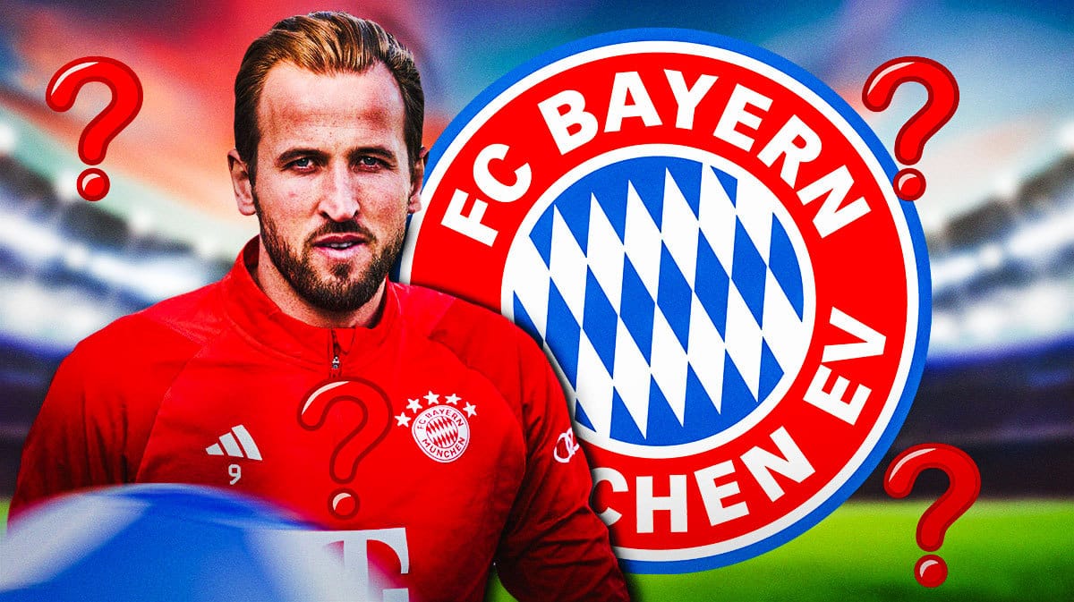 Harry Kane in front of the Bayern Munich logo, questionmarks around him