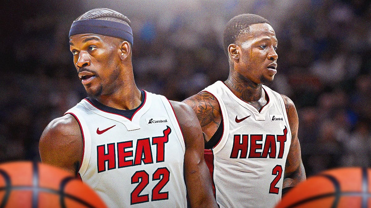 Miami Heat stars Jimmy Butler and Terry Rozier in front of the Kaseya Center.
