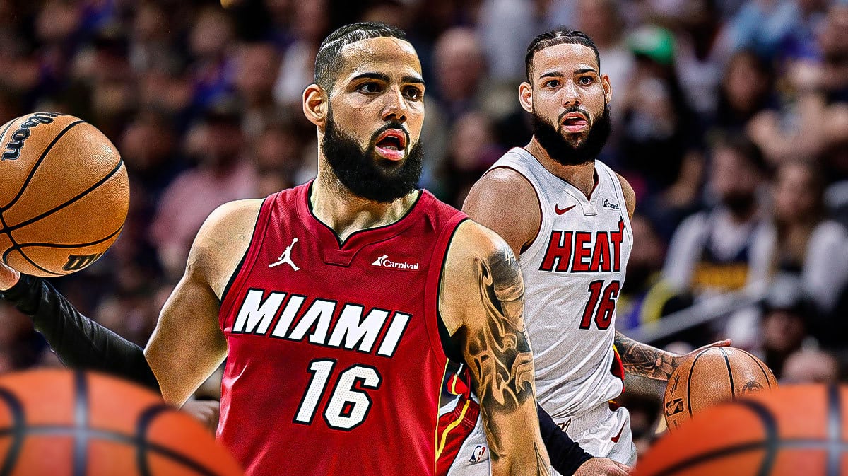 Miami Heat star Caleb Martin in front of the Kaseya Center.