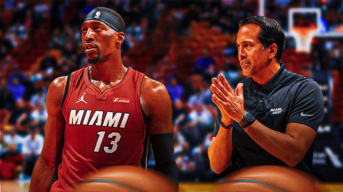 Miami Heat head coach Erik Spoelstra and star Bam Adebayo in front of the Kaseya Center.