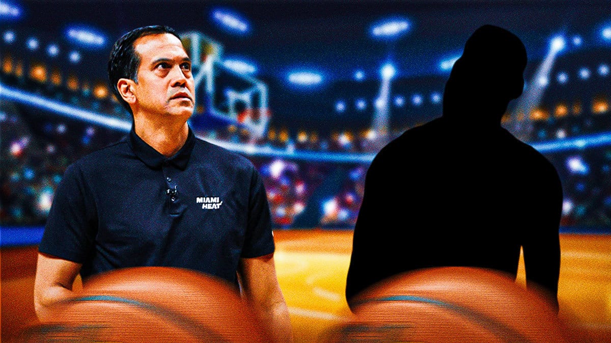 Miami Heat head coach Erik Spoelstra and a silhouette of star Caleb Martin in front of the Kaseya Center.