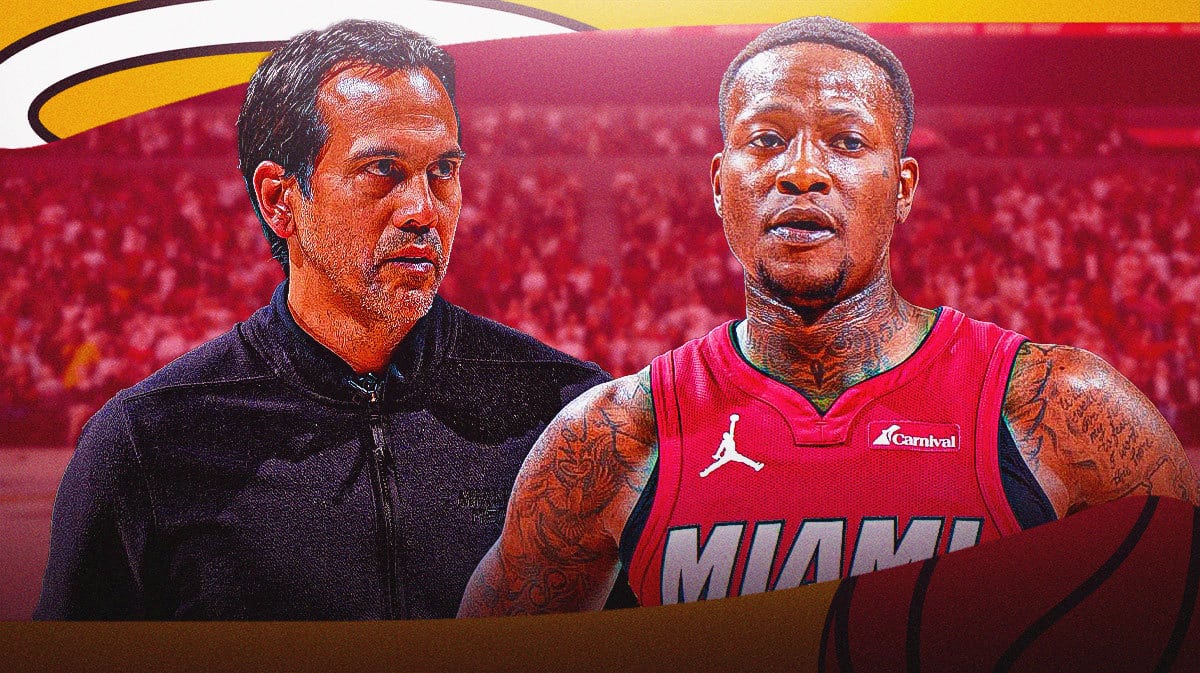 Miami Heat head coach Erik Spoelstra and star Terry Rozier in front of the Kaseya Center.