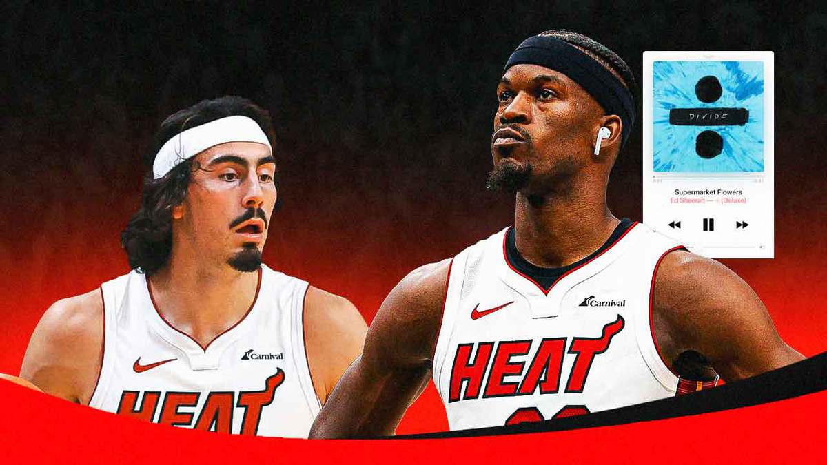 Jaime Jaquez in the corner looking confused at Jimmy Butler in the style of me in public/my headphones meme with Ed Sheeran playing.