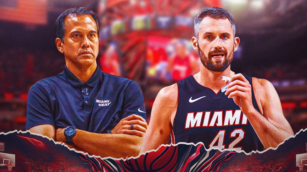 Miami Heat head coach Erik Spoelstra and star Kevin Love in front of the Kaseya Center.