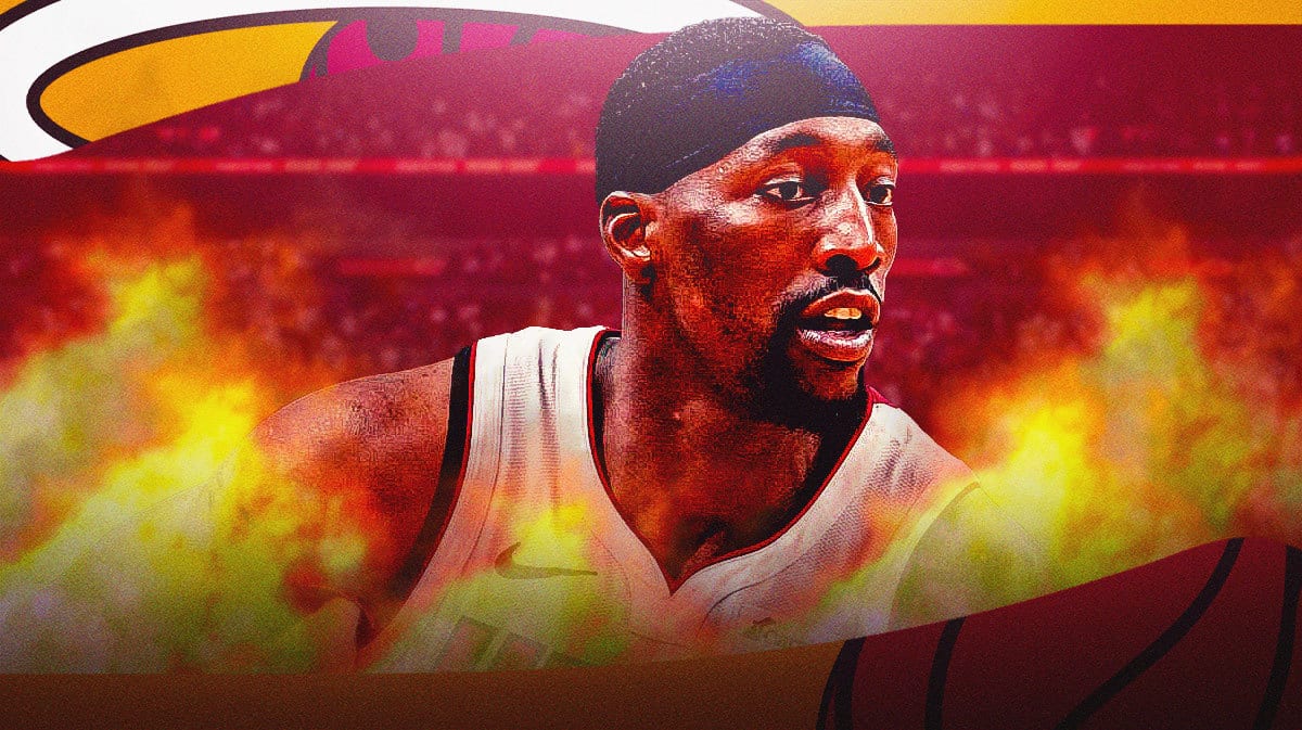 Miami Heat star Bam Adebayo with fire around him in front of the Kaseya Center.