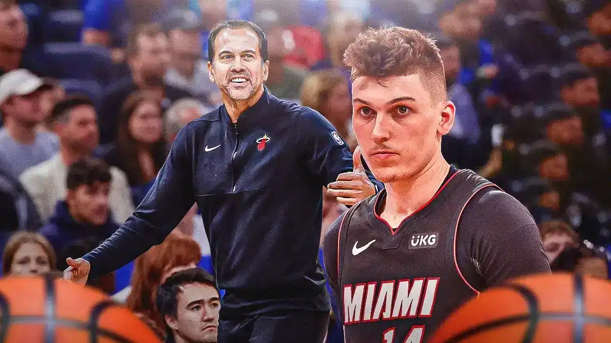 Miami Heat head coach Erik Spoelstra and star Tyler Herro in front of the Kaseya Center.