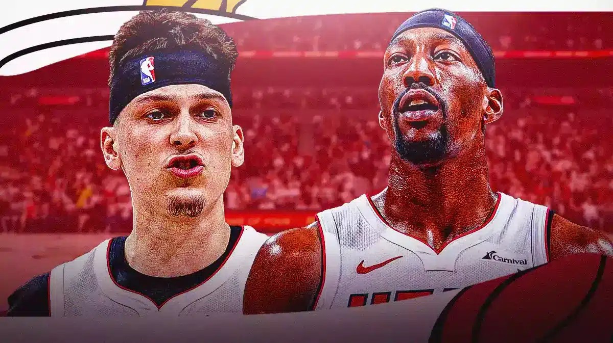 Miami Heat stars Tyler Herro and Bam Adebayo in front of the Kaseya Center.