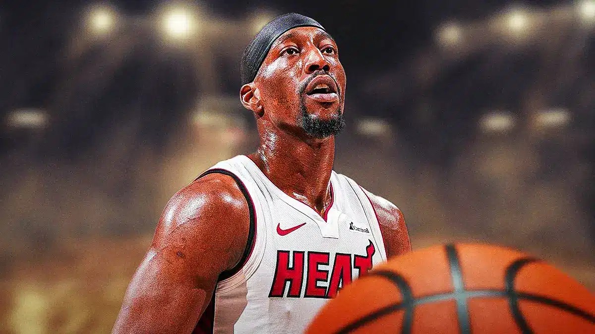 Miami Heat star Bam Adebayo in front of the Kaseya Center.