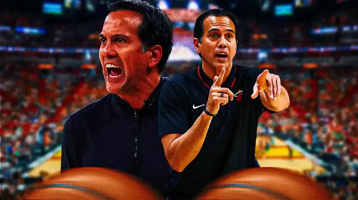 Miami Heat head coach Erik Spoelstra in front of the Kaseya Center.