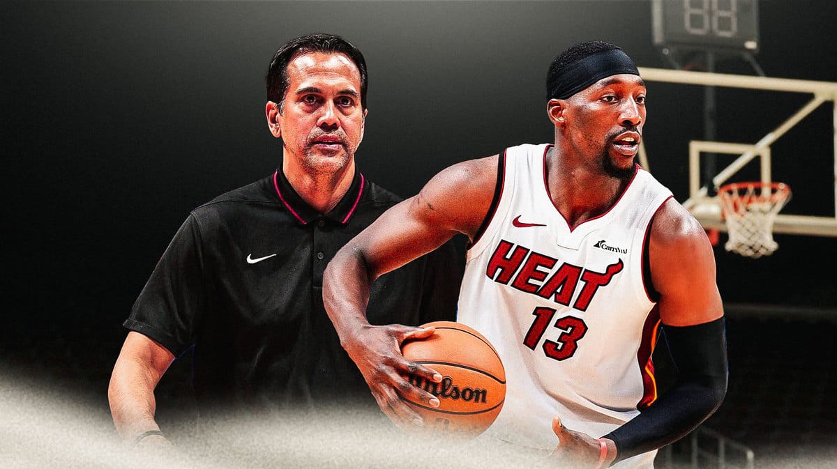 Miami Heat head coach Erik Spoelstra and star Bam Adebayo in front of the Kaseya Center.
