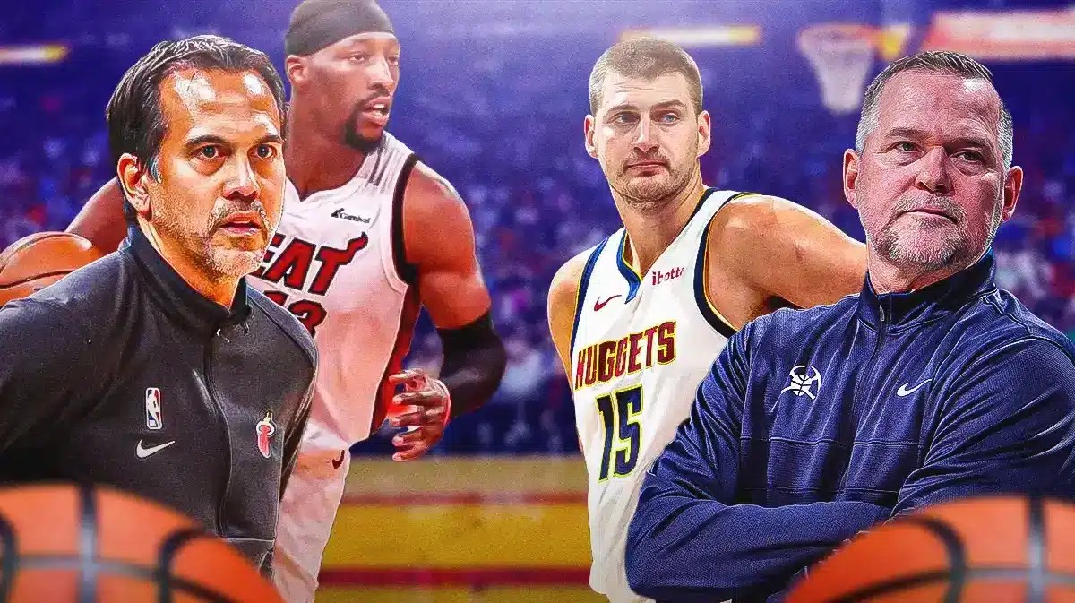 Miami Heat head coach Erik Spoelstra and star Bam Adebayo looking at Denver Nuggets head coach Michael Malone and star Nikola Jokic in front of the Kaseya Center.