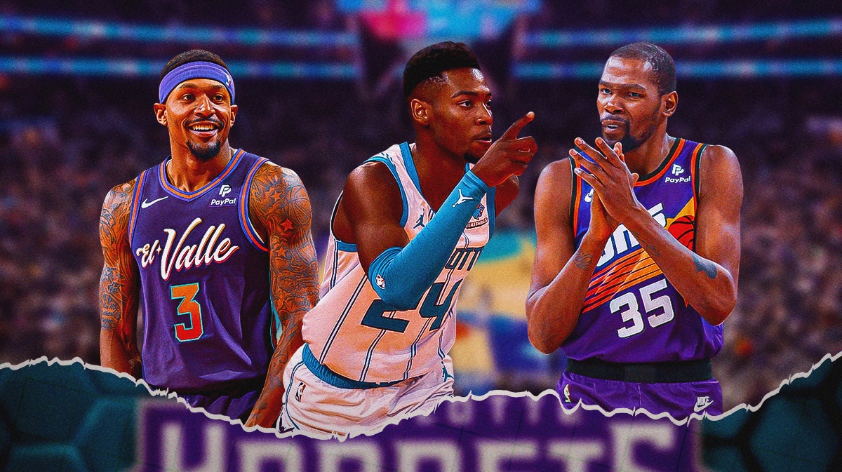 Brandon Miller with heart eyes in the middle. Kevin Durant and Bradley Beal clapping on both sides