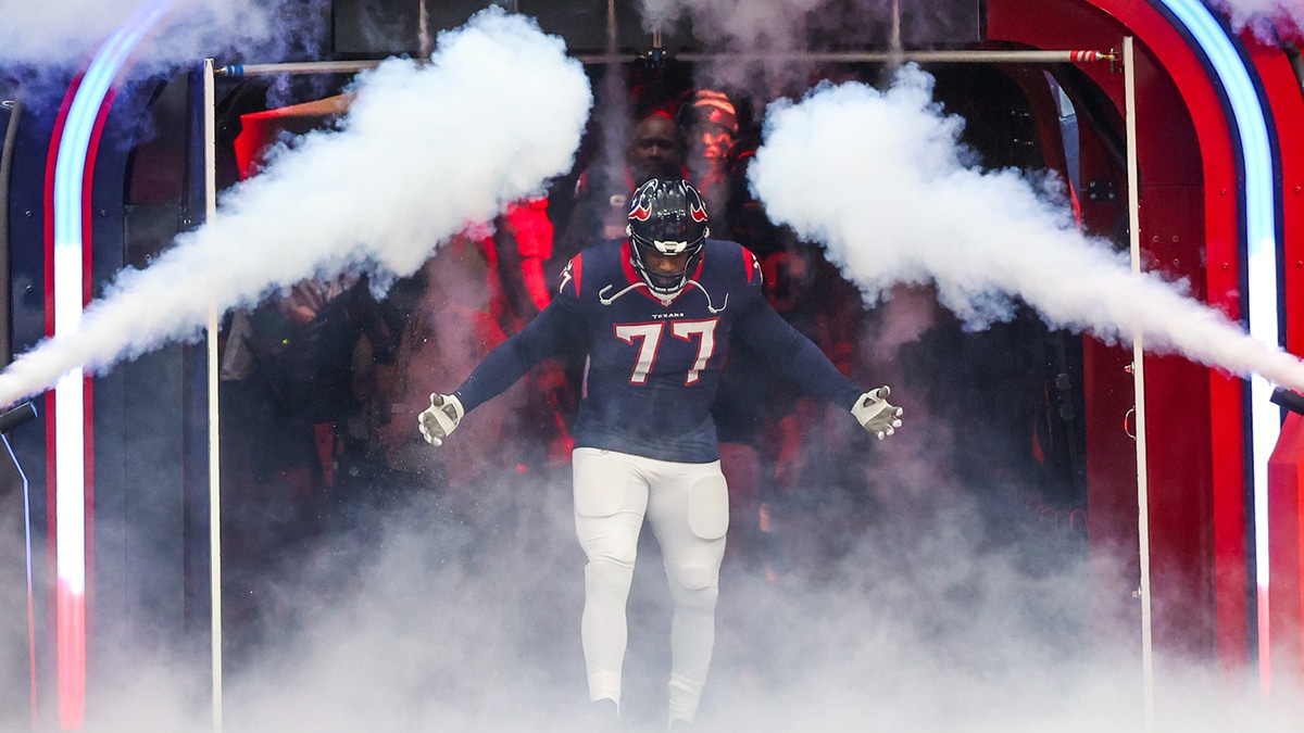 Houston Texans offensive tackle George Fant (77) is introduced before playing against the Denver Broncos