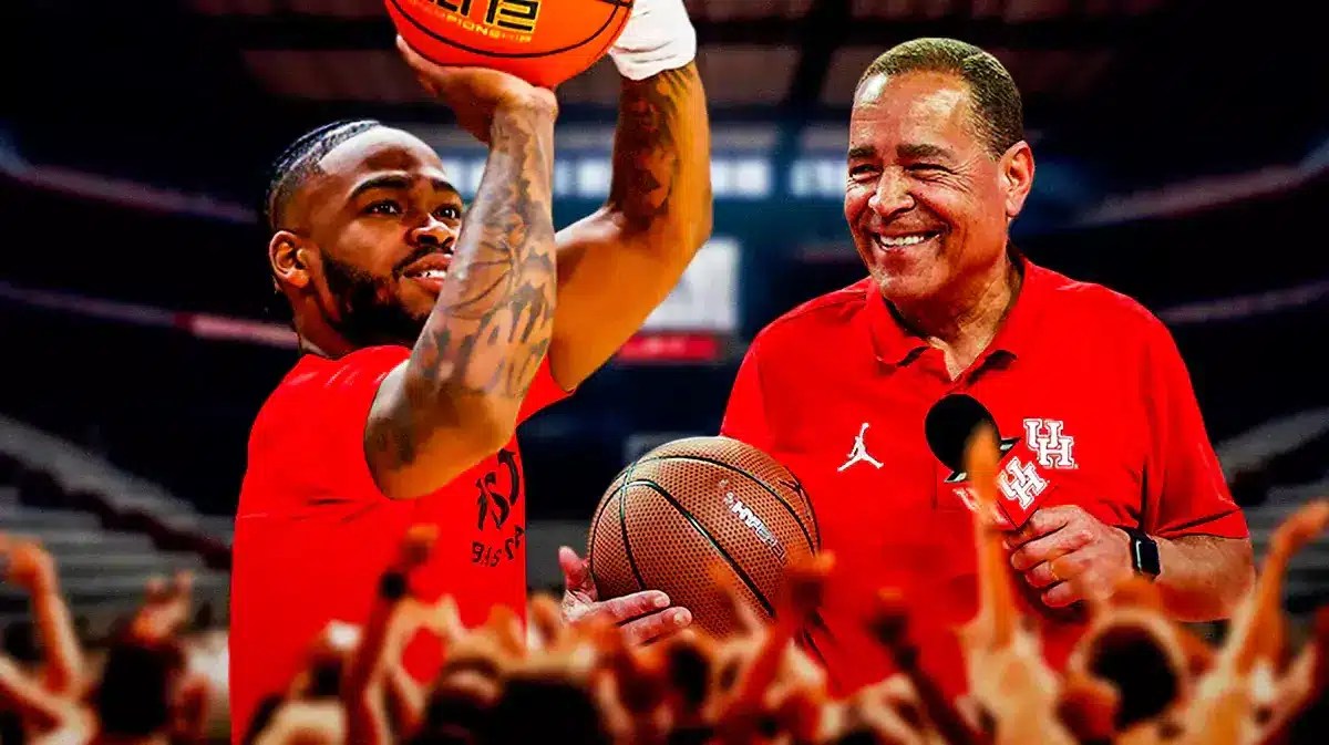 Photo: Kelvin Sampson smiling, Jamal Shead shooting jump shot in Houston Cougars jersey