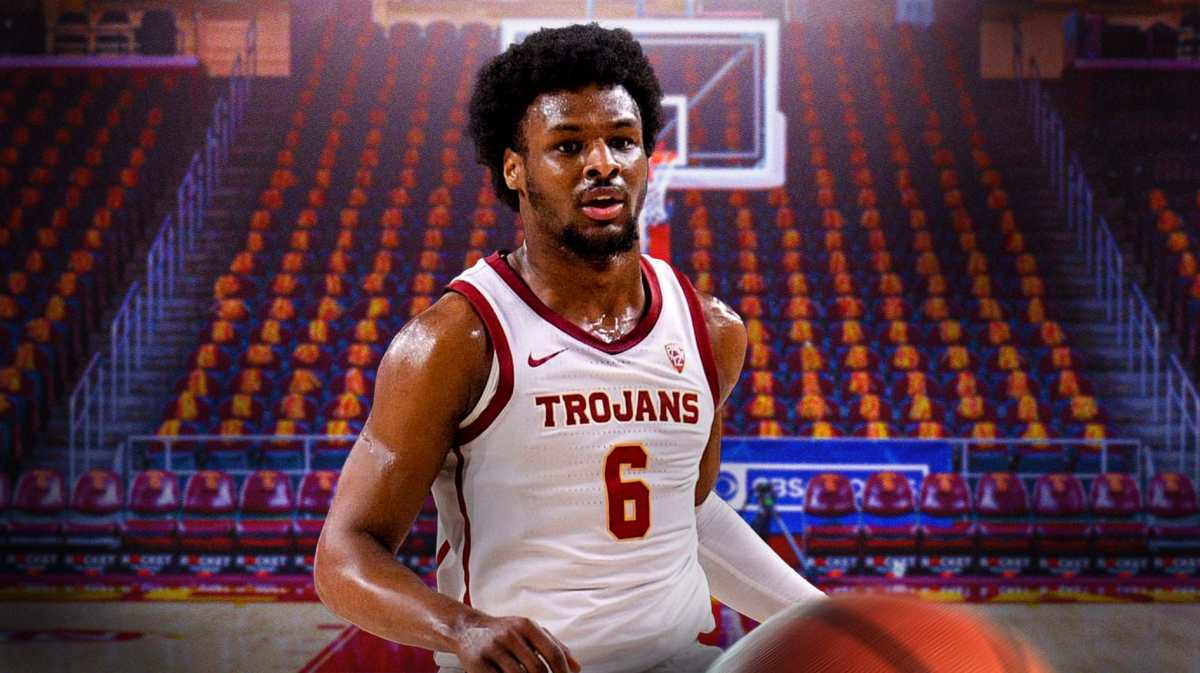 USC basketball, Trojans, Bronny James, Bronny James USC, USC Arizona, Bronny James with USC basketball arena in the background