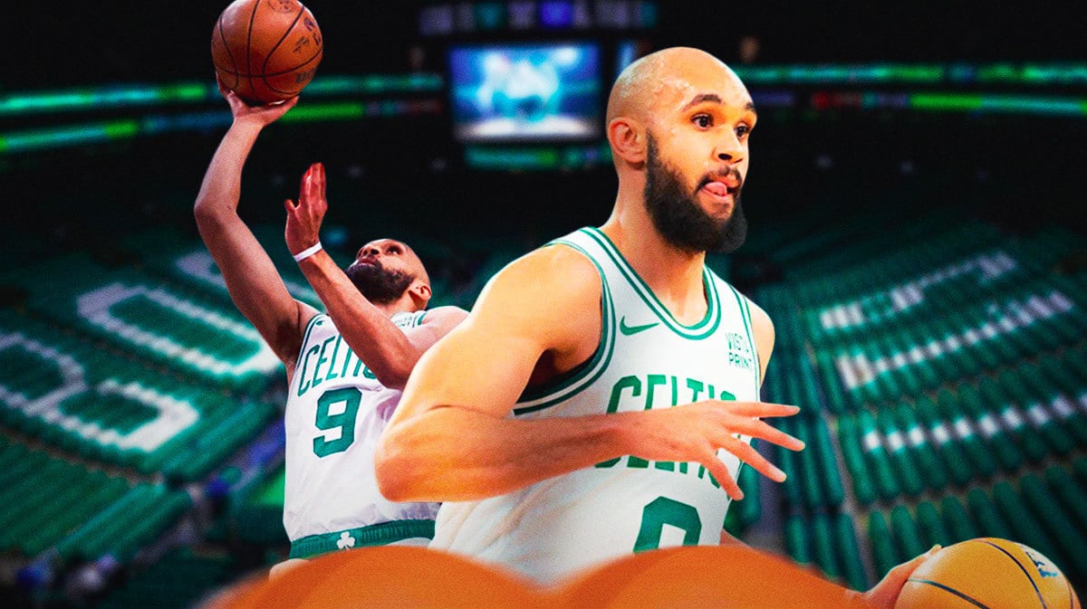 Derrick White (in a celtics jersey) in shooting form.
