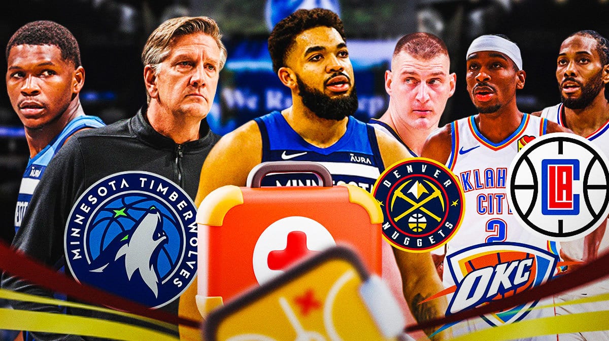 Timberwolves' Karl-Anthony Towns, Chris Finch and Anthony Edwards next to Nikola Jokic, Shai Gilgeous-Alexander, and Kawhi Leonard