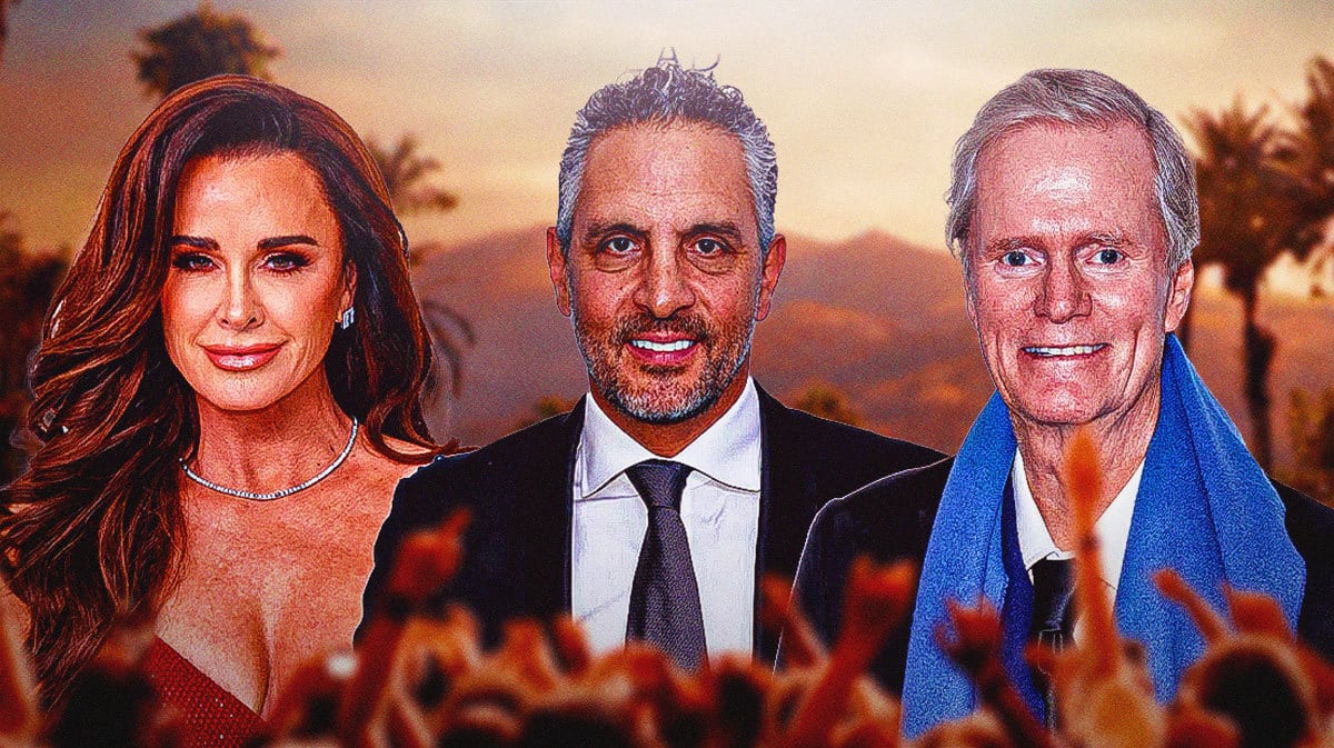Kyle Richards, Mauricio Umansky and Rick Hilton with a sunset behind them