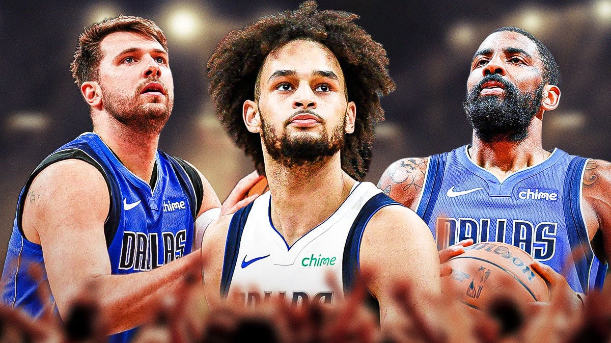 Dereck Lively II looking serious in front. In background on left, Mavericks' Luka Doncic shooting a basketball. In background on right, Mavericks' Kyrie Irving shooting a basketball.