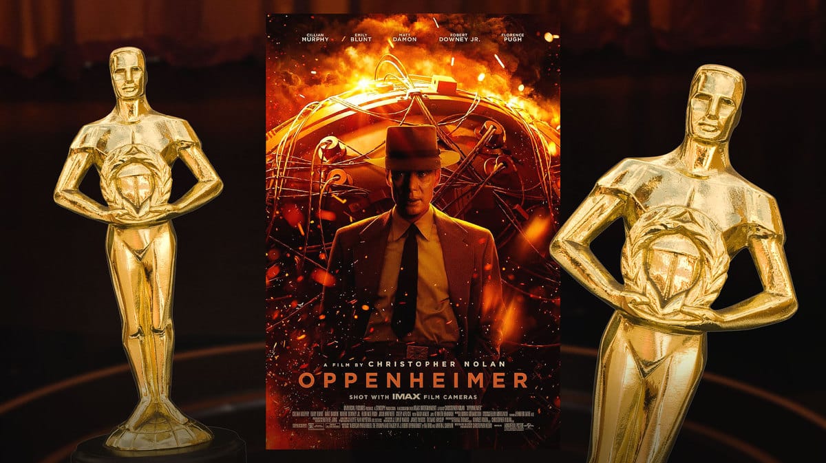 Oppenheimer poster with Oscars trophies.