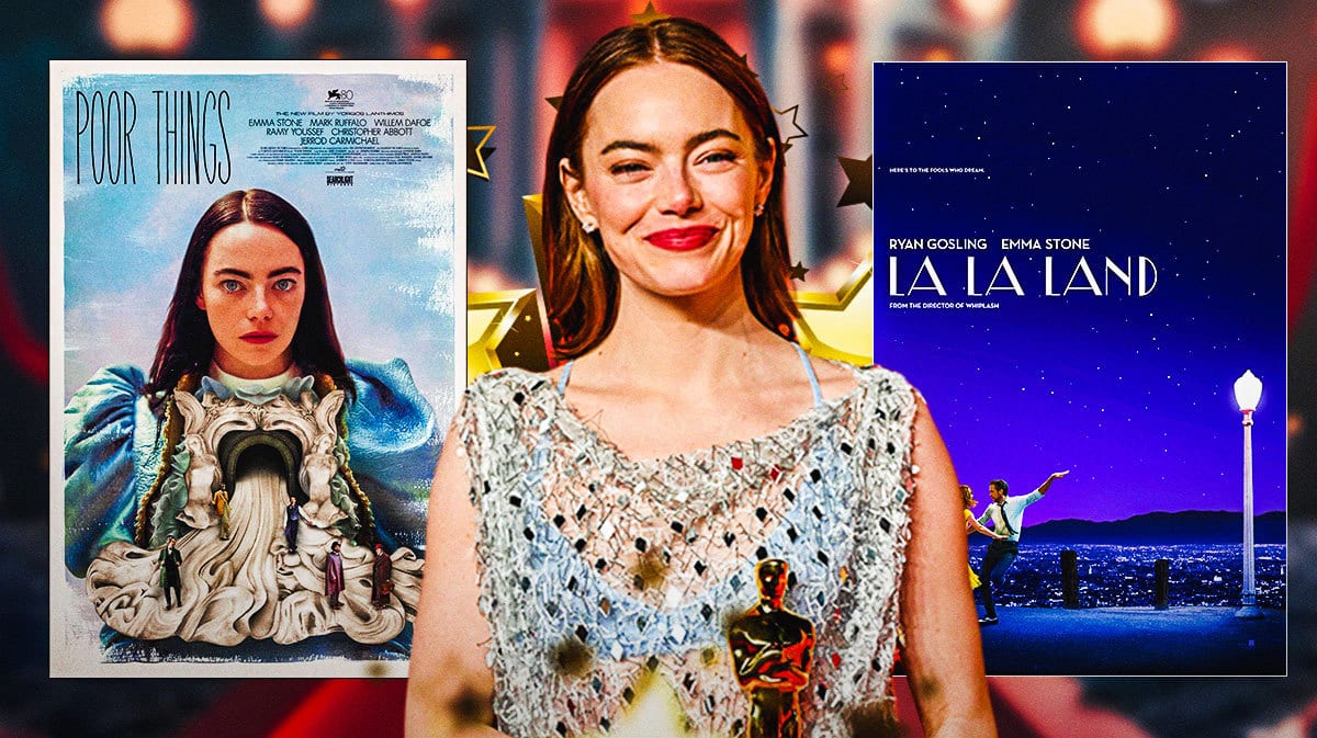 Emma Stone with Oscars trophy and posters of Poor Things and La La Land.