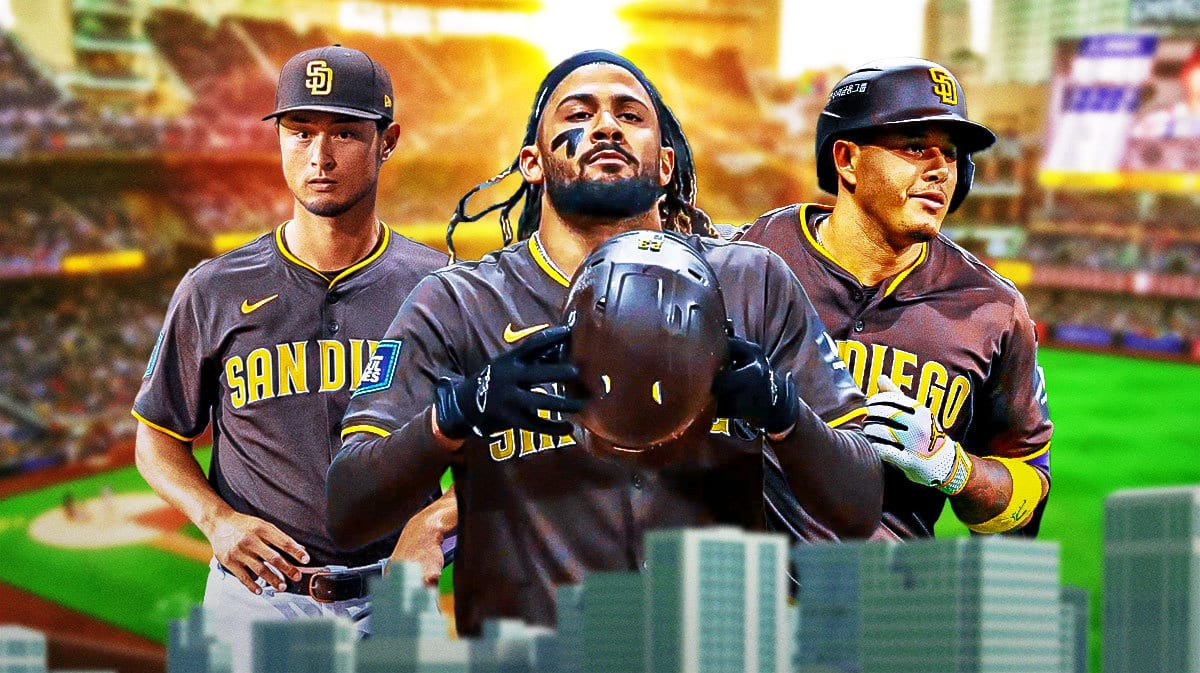 Fernando Tatis, Manny Machado, Yu Darvish with Petco Park as the background