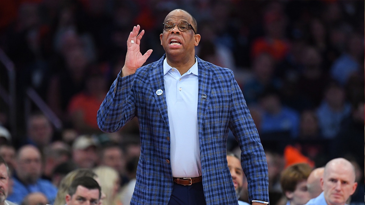 North Carolina Tar Heels head coach Hubert Davis reacts to a play against the Syracuse Orange during the first half at the JMA Wireless Dome.