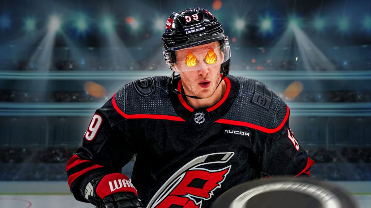 jake guentzel (Hurricanes) with fire in eyes