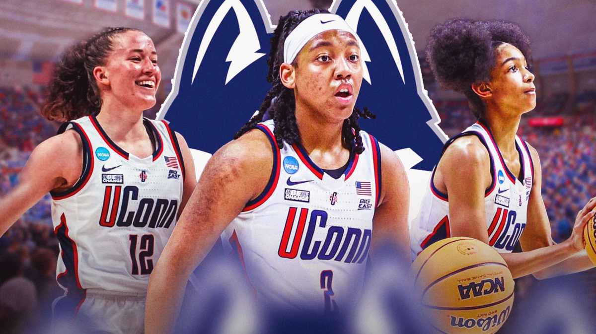 UConn's KK Arnold, Ashynn Shade and Qadence Samuels with the UConn Huskies logo in the background