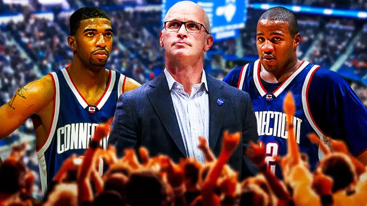 UConn head coach Dan Hurley with Huskies legends Richard Hamilton and Khalid El-Amin
