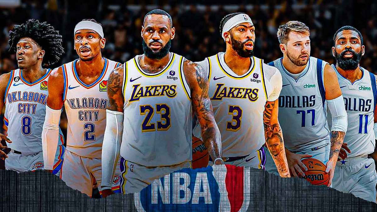 In the middle, recent in-game photos of LeBron James and Anthony Davis. Behind them on one side, recent photos of Luka Doncic and Kyrie Irving. Behind them on the other side, recent photos of Shai Gilgeous-Alexander and Jalen Williams. Thanks!