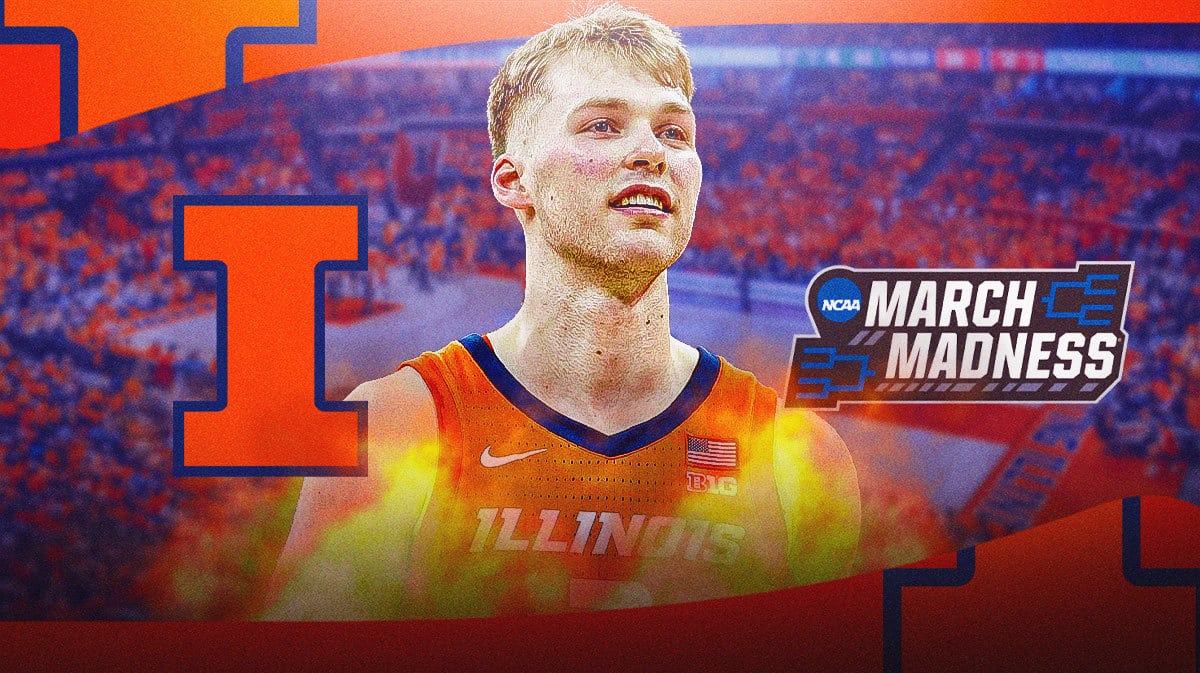 Illinois basketball's Marcus Domask stands next t March Madness logo, Ja Morant and Morehead State sit on sideline