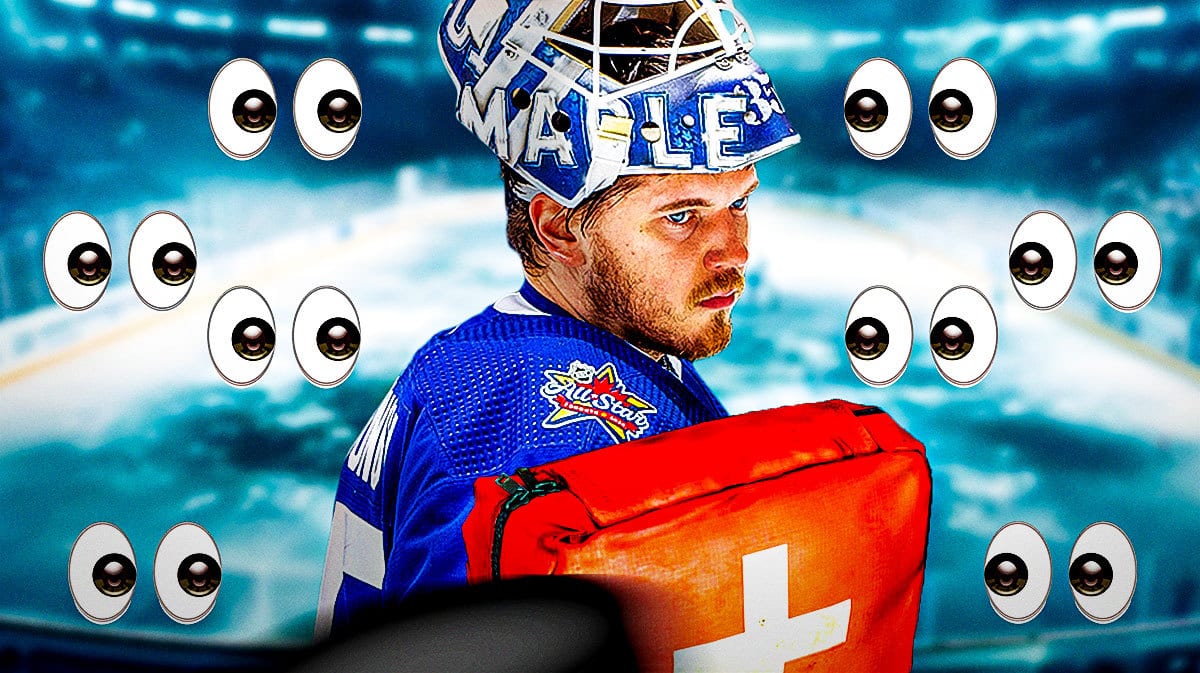 Ilya Samsonov with an injury kit in front of him and a bunch of the big eyes emojis in the background