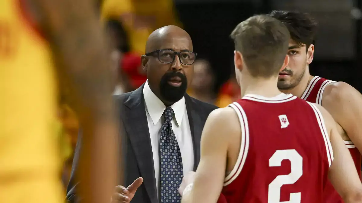  Indiana Hoosiers head coach Mike Woodson speaks with guard Gabe Cupps (2) during the first half against the Maryland Terrapins at Xfinity Center