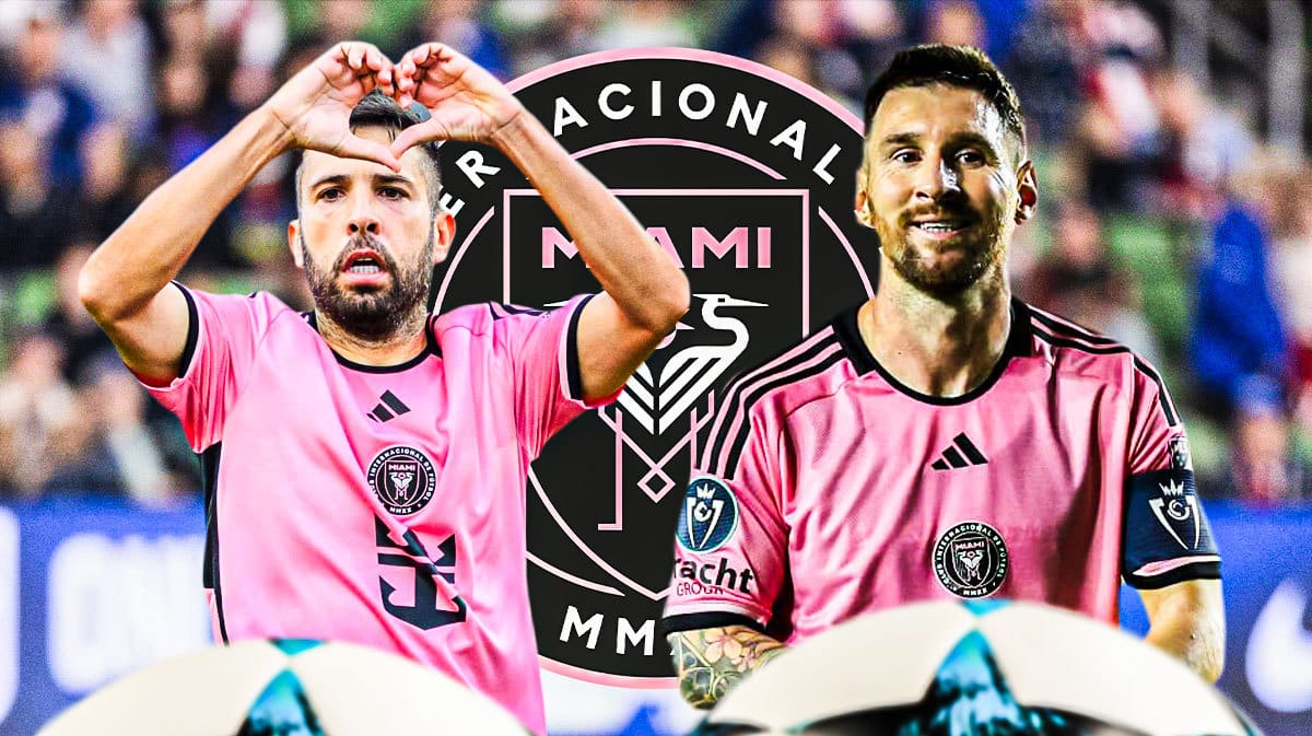 Jordi Alba and Lionel Messi in front of the Inter MIami logo