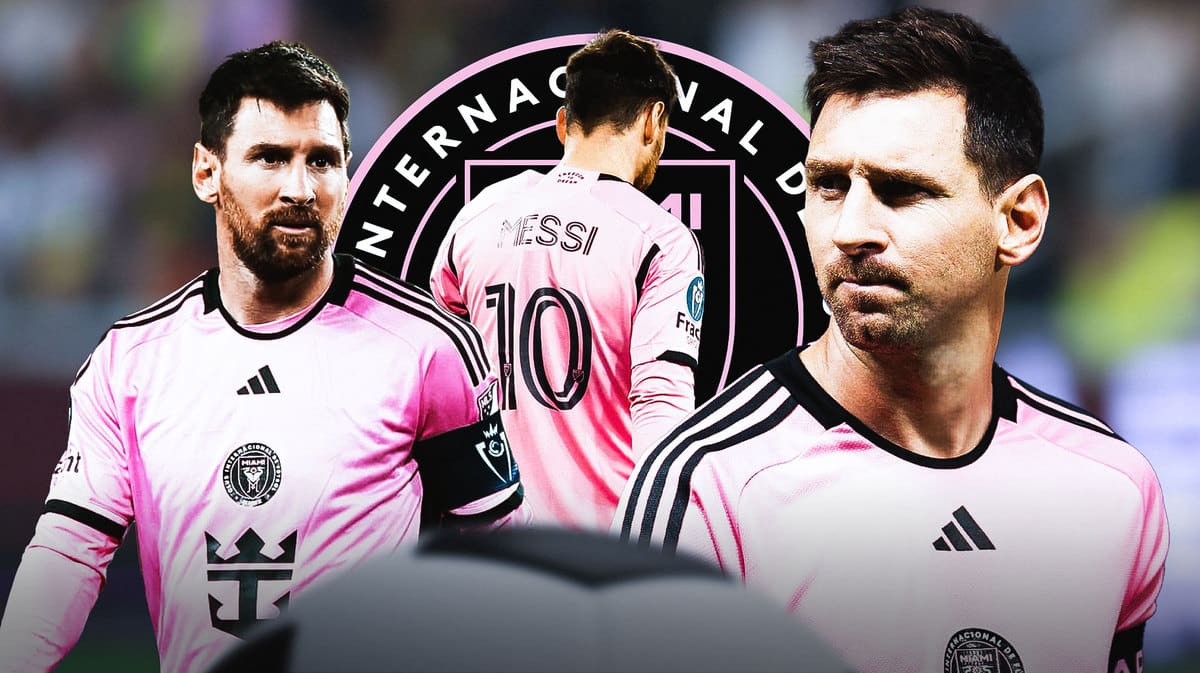 Multiple images of Lionel Messi looking down/sad/injured in front of the Inter Miami logo