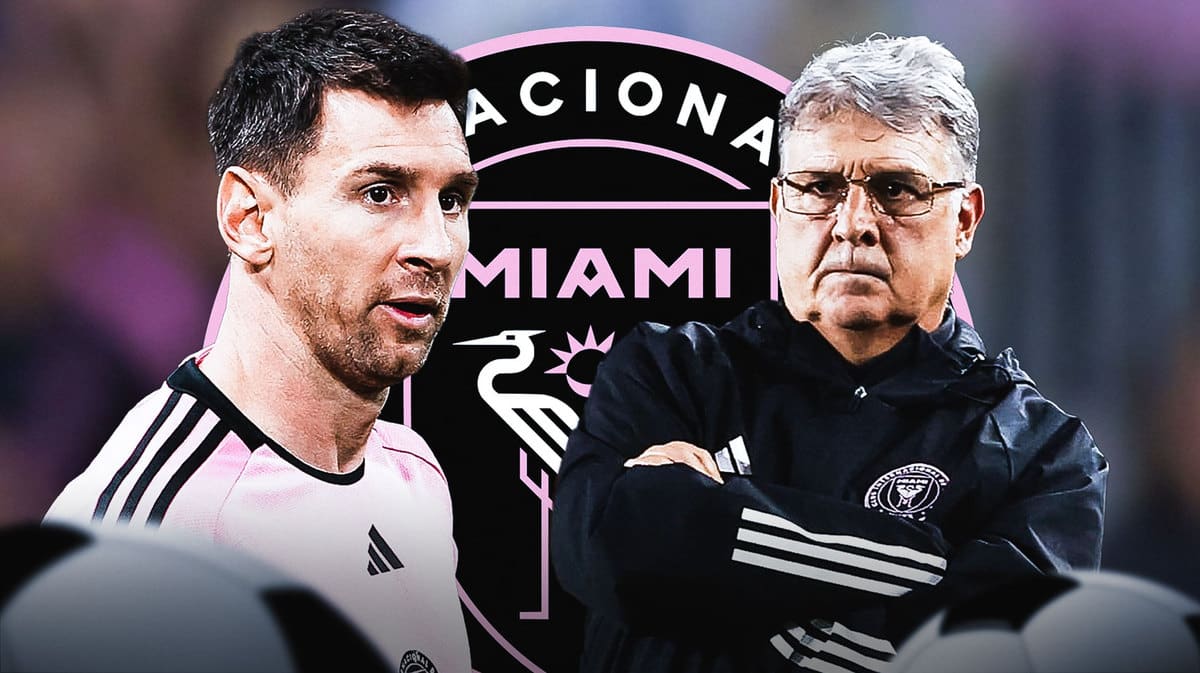 Tata Martino and Lionel Messi in front of the Inter Miami logo