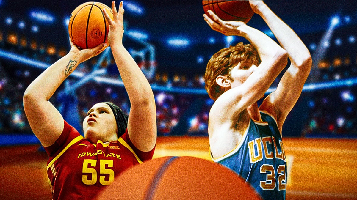 Iowa State women's basketball star Audi Crooks on the left, Bill Walton on the right. Both are shooting basketball.