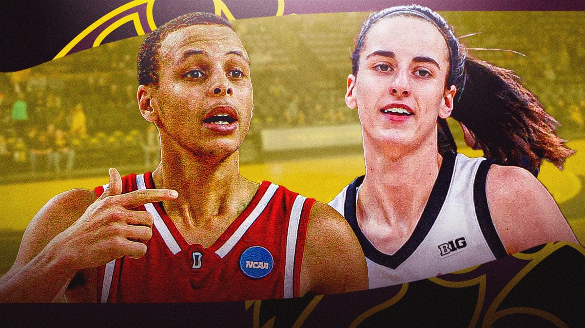 Caitlin Clark alongside Stephen Curry with the Iowa Hawkeyes arena in the background