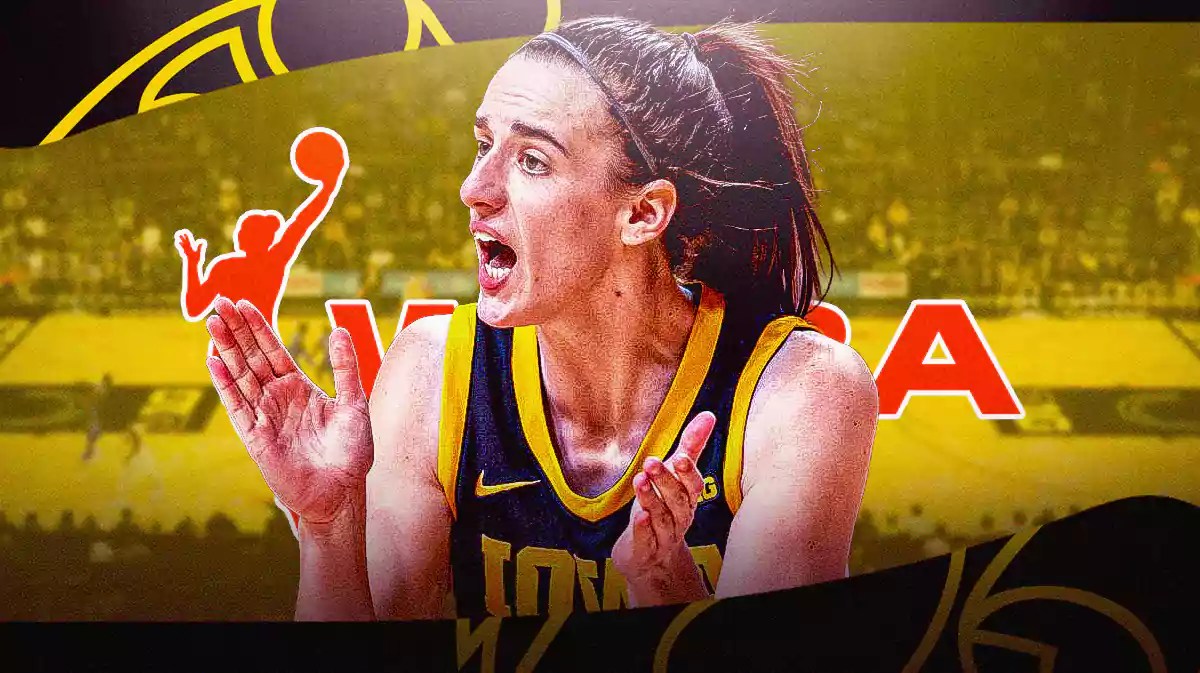 Caitlin Clark with both the Iowa Hawkeyes and WNBA logos in the background