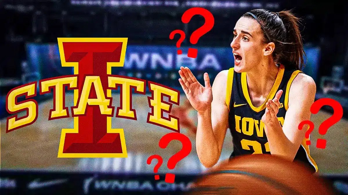 Iowa women’s basketball player Caitlin Clark, with the Iowa STATE University logo, and question marks
