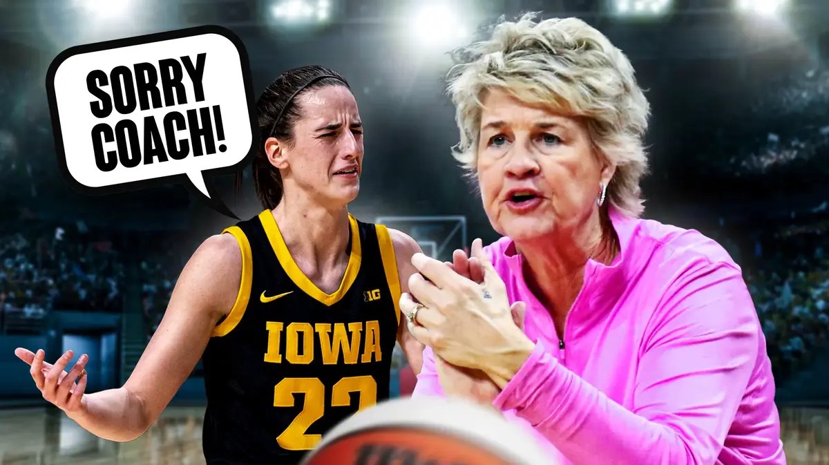 Lisa Bluder clapping. Cailtin Clark shrugging with speech balloon that says, Sorry coach!