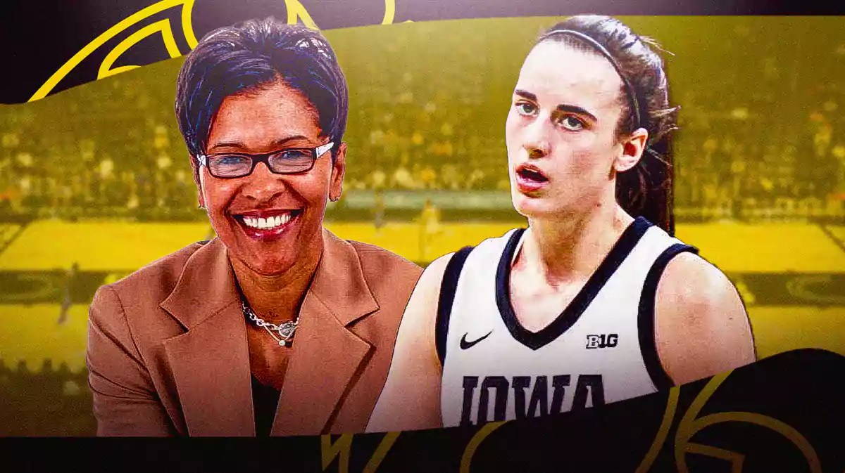 Current image of Lynette Woodard alongside Caitlin Clark with the Iowa Hawkeyes arena in the background, Pete Maravich