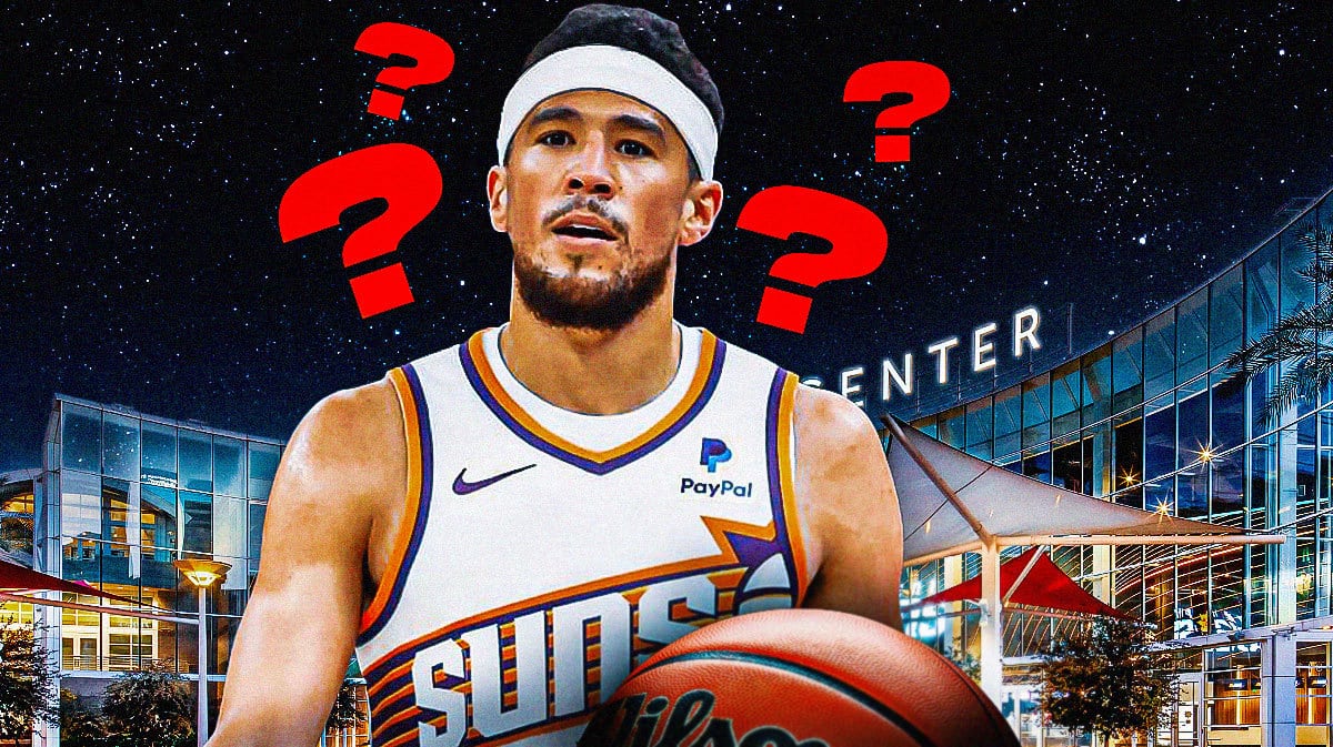 Suns' Devin Booker, question marks above him, Footprint Center in back