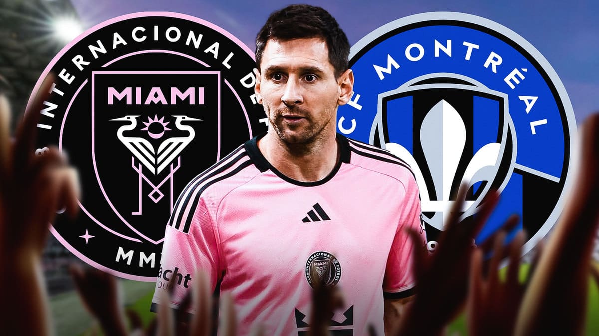 Lionel Messi in front of the Inter Miami and CF Montreal logos