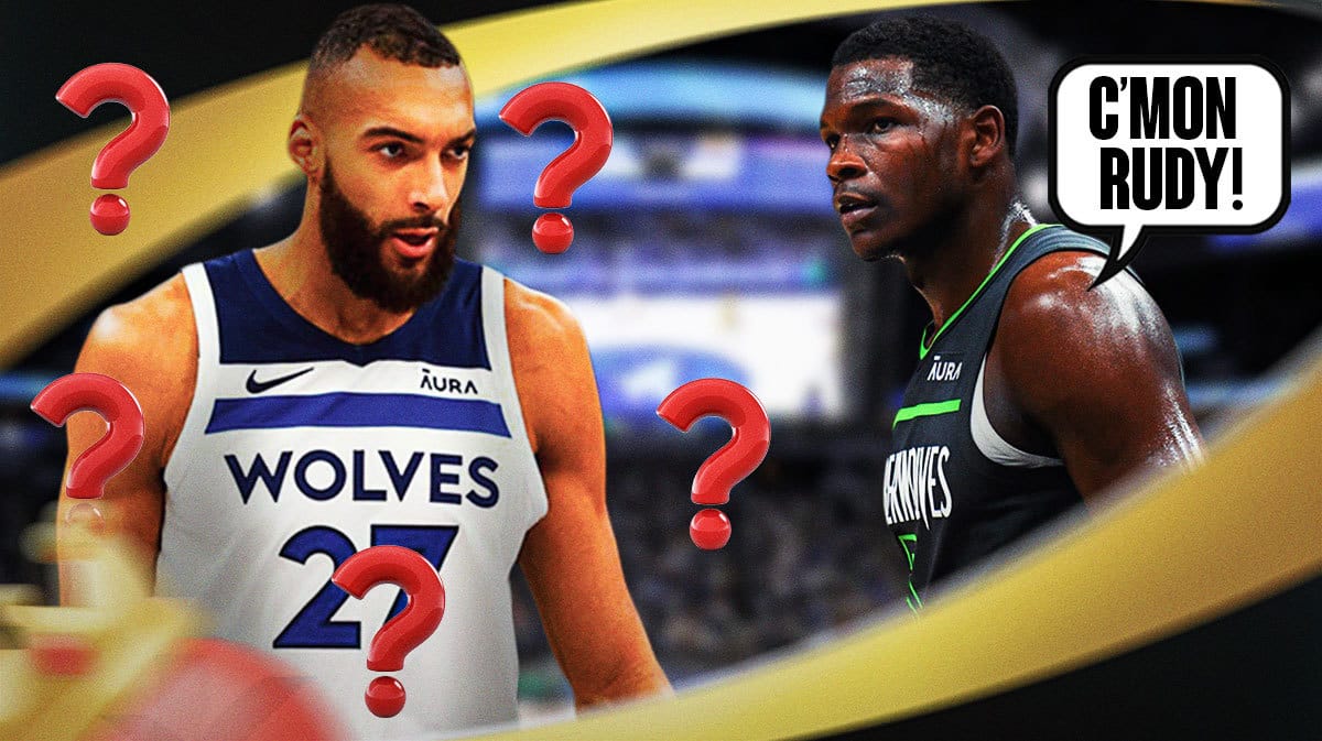 Timberwolves' Rudy Gobert with question marks next to Anthony Edwards saying "C'mon Rudy!"