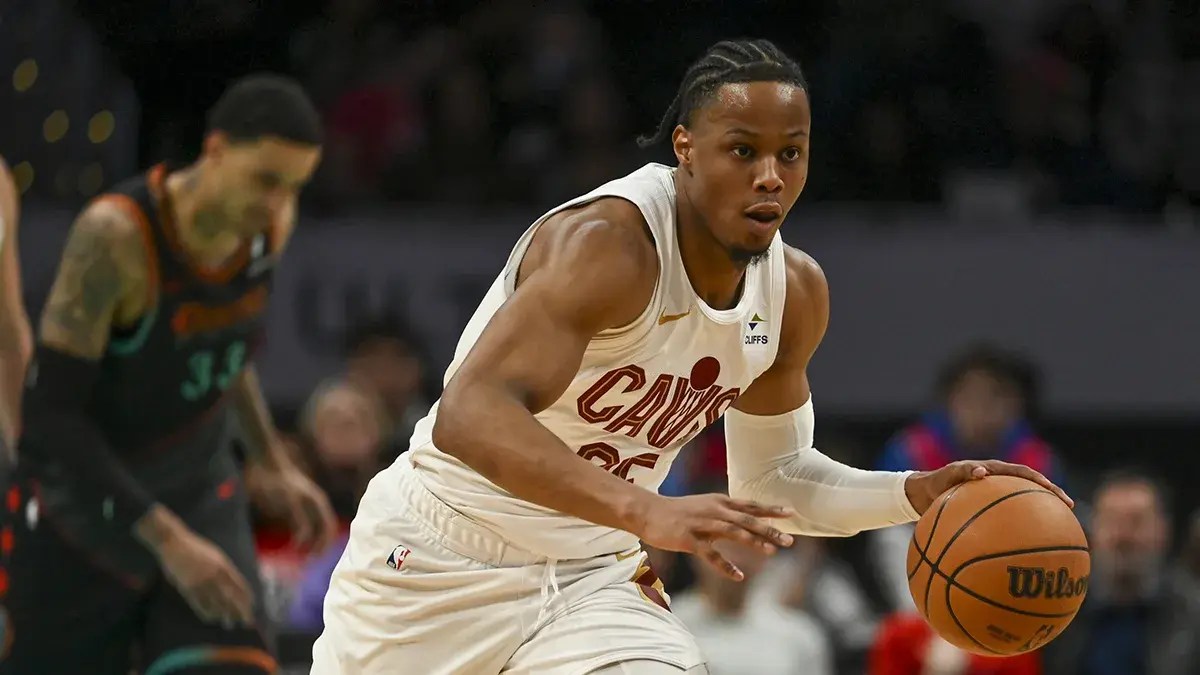 Cleveland Cavaliers forward Isaac Okoro (35) dribbles cup the court during the first half against the Washington Wizards at Capital One Arena.