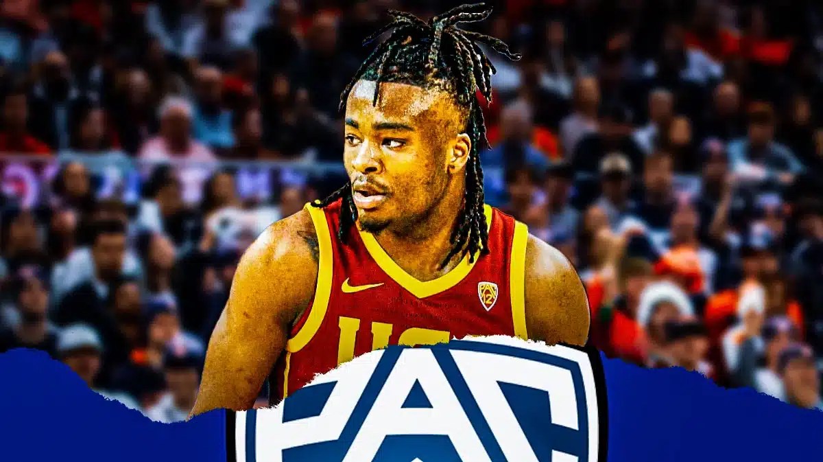 USC basketball, Isaiah Collier, Isaiah Collier Pac-12 Freshman of the Week, Pac-12, USC basketball, Isaiah Collier in USC uni and Pac-12 logo with USC basketball arena in the background