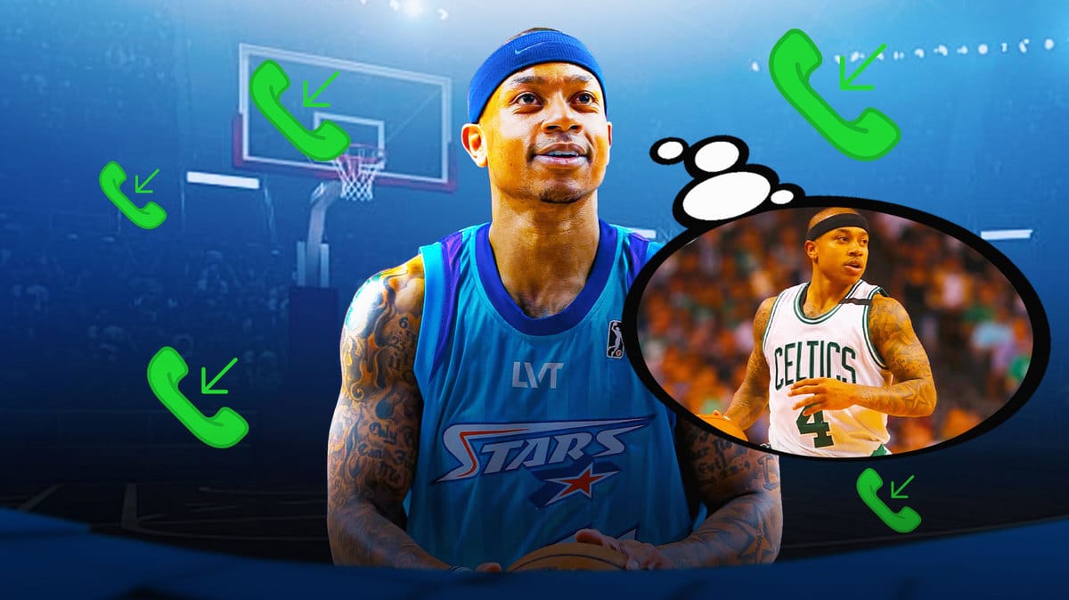 Isaiah Thomas in a Salt Lake City Stars uniform (G-League), with incoming call symbols all around Thomas, with a thought bubble on Thomas with a picture of himself in a Celtics uniform (2016-17 season)